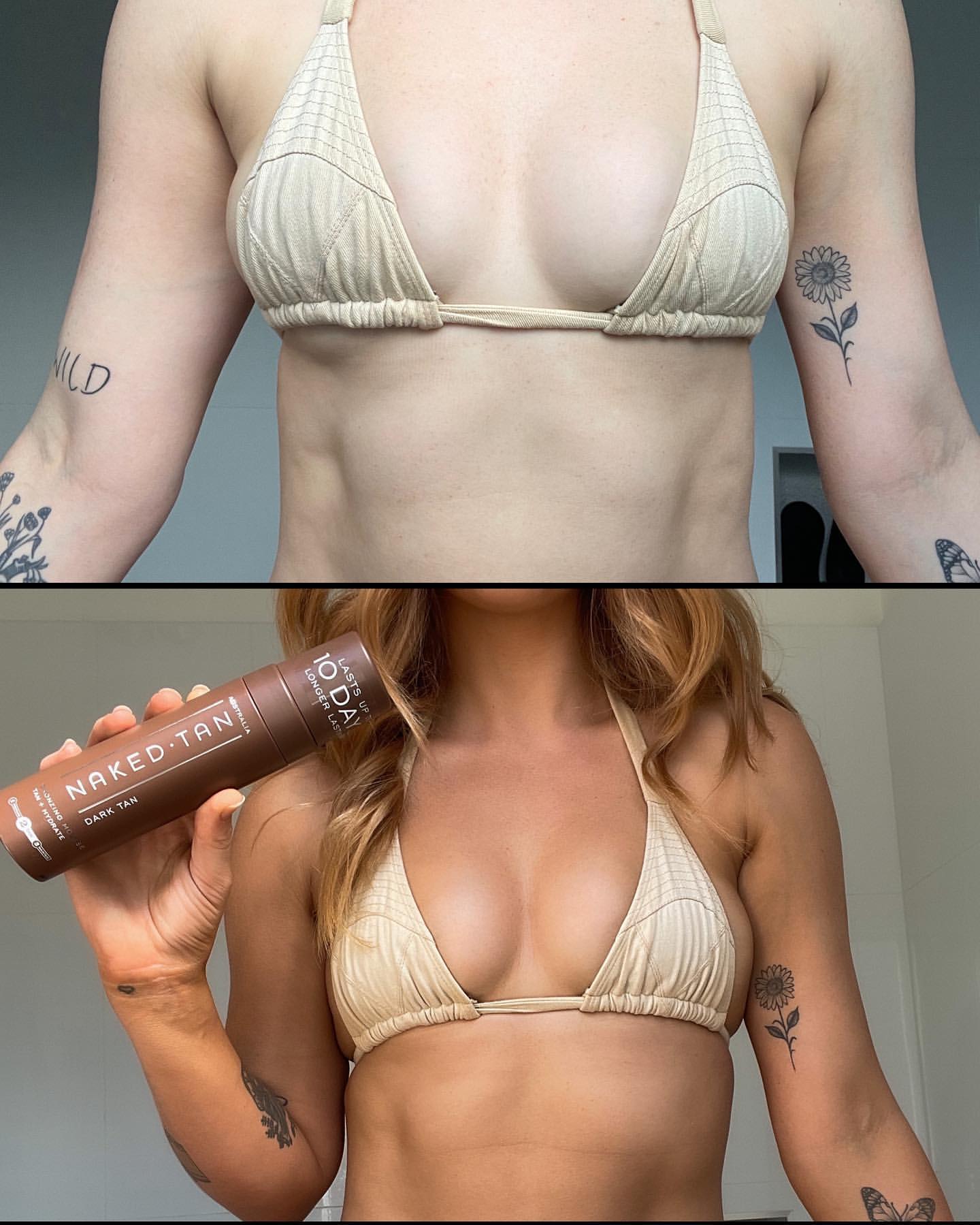 Naked Tan Dark Chocolate self-tanning mousse before and after image, delivering a rich, deep tan with a smooth application